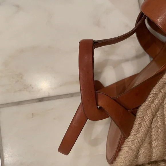 Yves Saint Laurent Tribute Brown Leather Espadrille Wedge Sandals - Picture 5 of 10